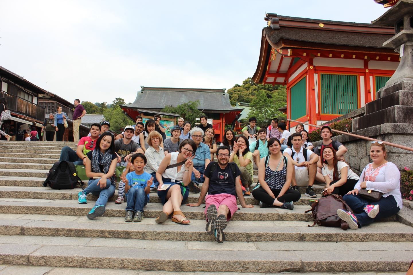 Students and faculty sitting on steps at a temple