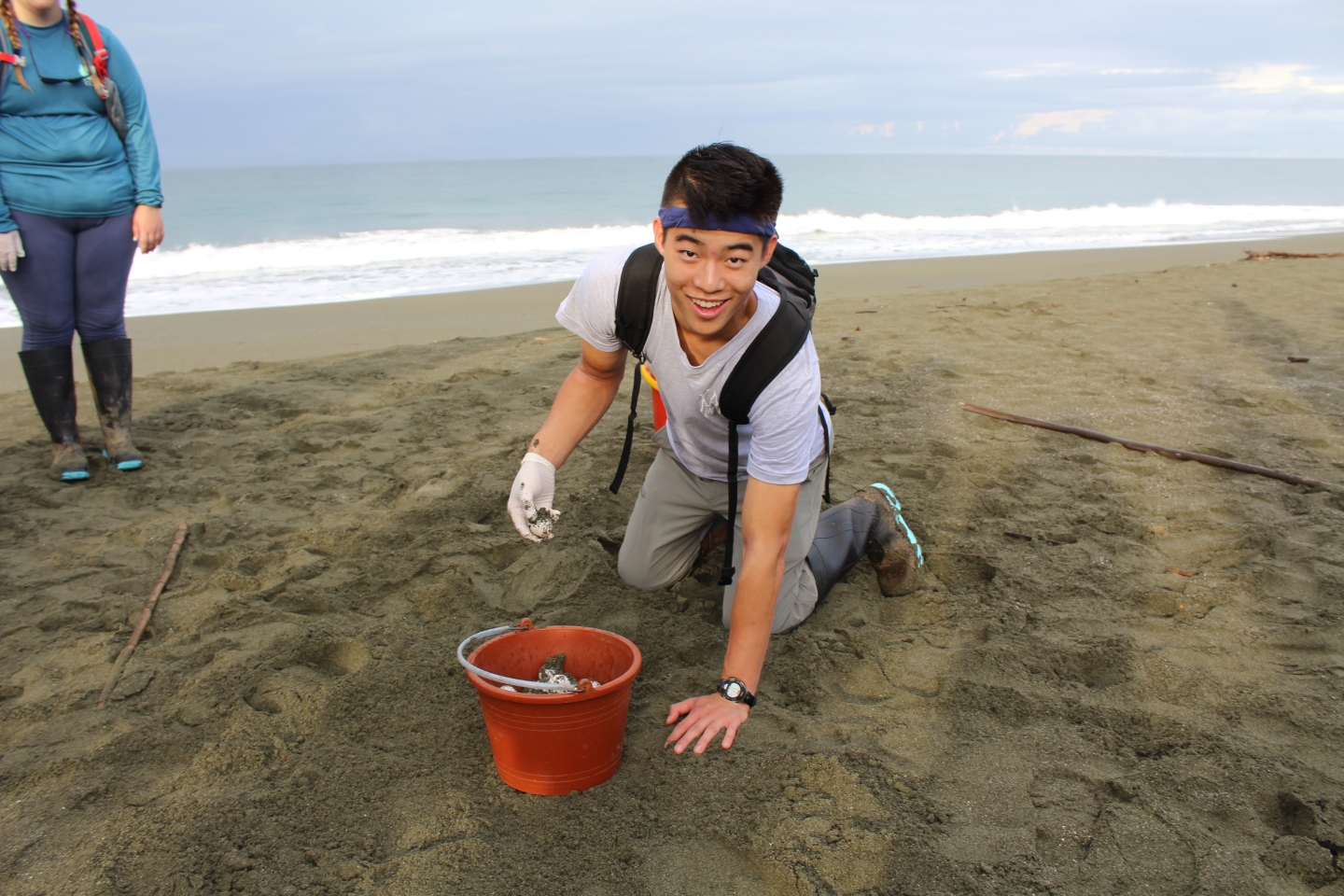 Student searching for shells on beach