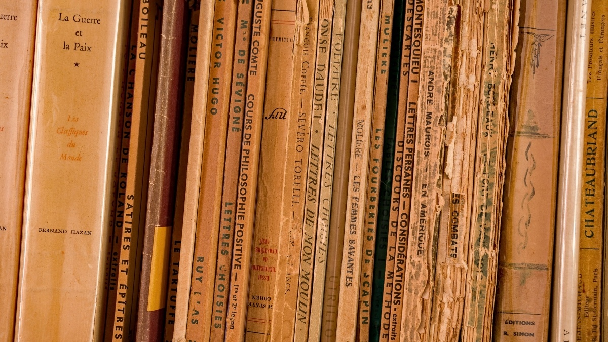 Close up of French books on a shelf