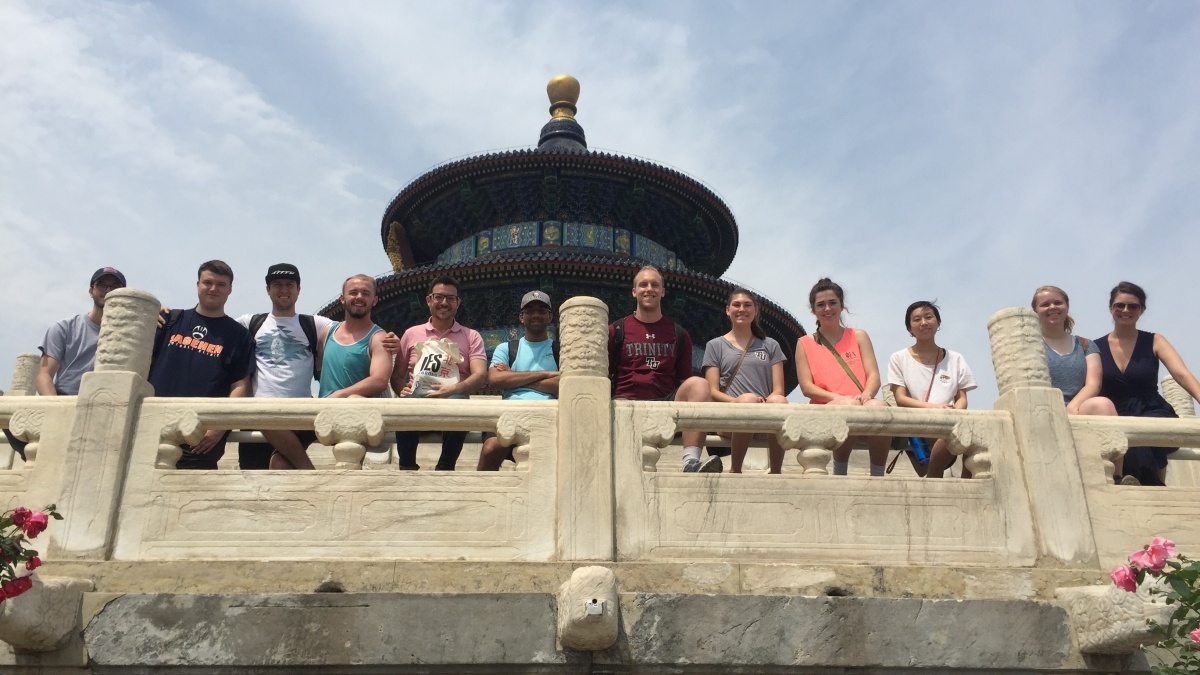 A group of Trinity students pose while abroad