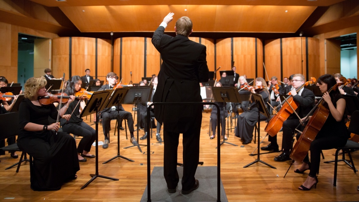 Conductor leading orchestra