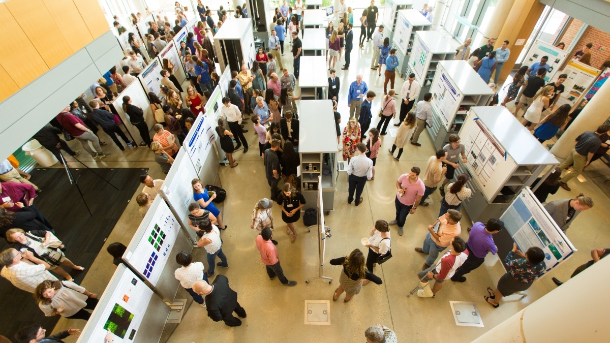 View from up high of the atrium in the CSI building