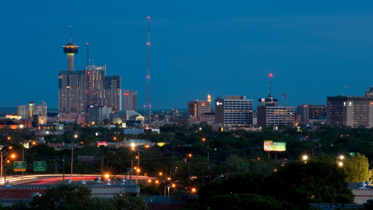 City skyline at dusk