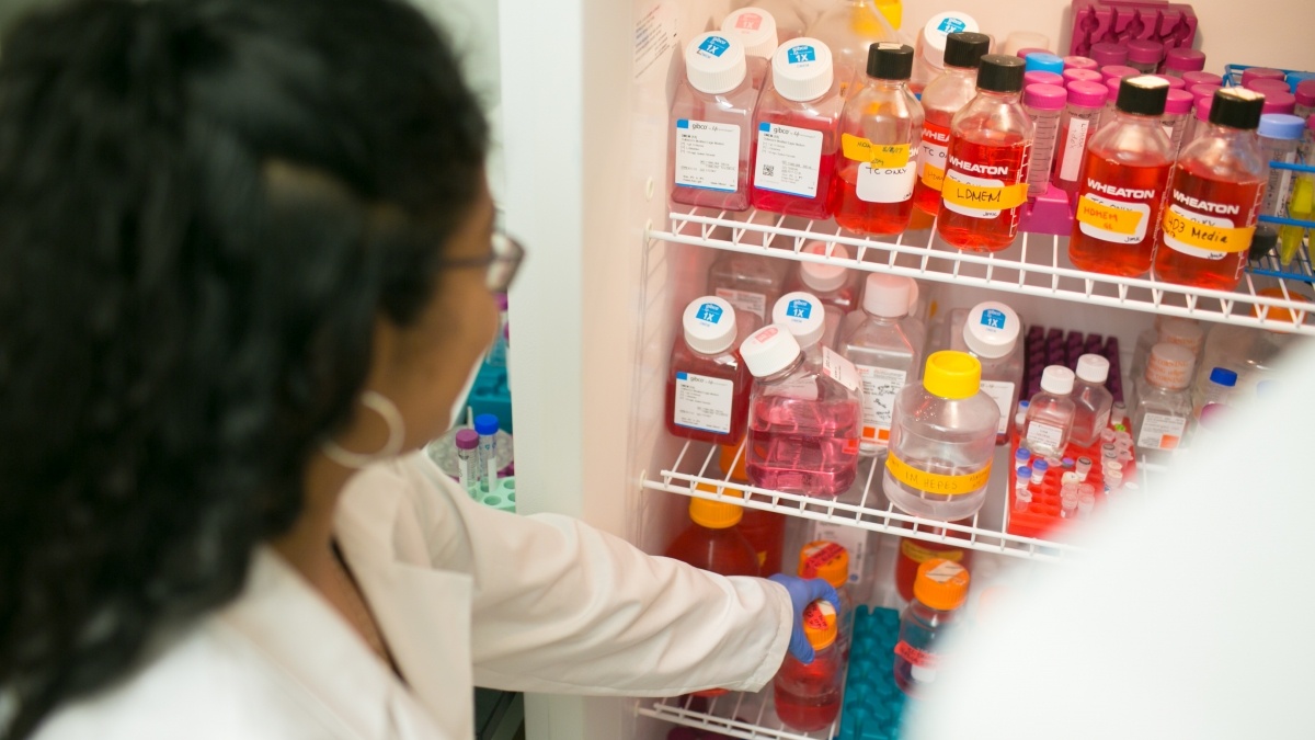 a person looking into a refrigerator full of liquids in bottles with labels